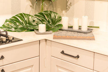 stylish modern kitchen in beige and white tone, white furniture with candles and juicy green leaves of monstera. Modern romantic interior.
