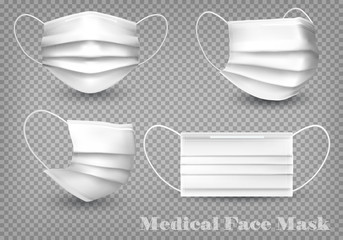 Collection of a white medical face masks isolated on transparent background. To protect from infection and coronavirus Covid -19. Realistic Vector Illustration.