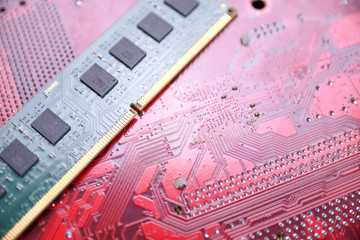 Computer memory RAM on motherboard background . Close up. system, main memory, random access memory, onboard, computer detail. Computer components . DDR3. DDR4. DDR5