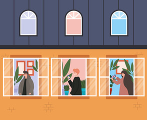 People with smartphone at windows of orange building vector design