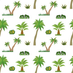 Fototapeta na wymiar Seamless pattern with palm trees,grass and bushes. Cartoon texture with green tropical plants.