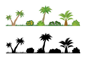 Set of cartoon tropical forest different palms, bushes with flowers and black silhouette. Various elements of summer beach or park decoration, design isolated on white background.