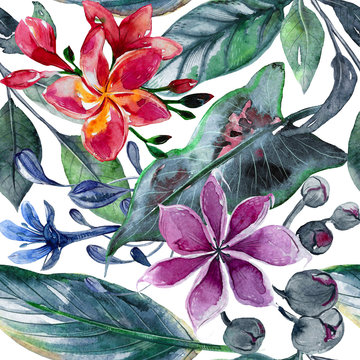 Seamless pattern with watercolor tropical leaves and flowers.