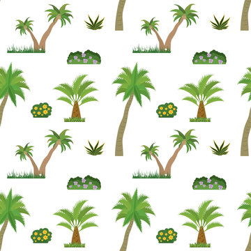 Seamless pattern with palm trees,grass and bushes. Cartoon texture with green tropical plants.
