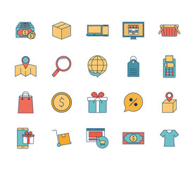 Shopping online line and fill style icon set vector design