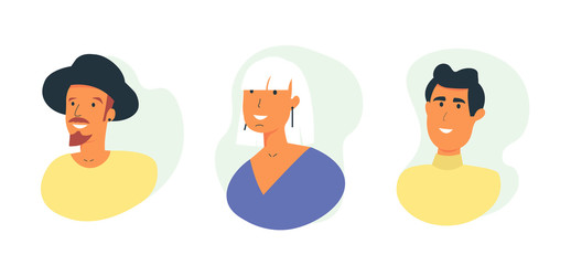 Bright people portraits set - hand drawn flat style vector design concept illustration of young men and women, male and female faces and shoulders avatars. Flat style vector icons set.