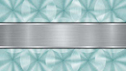 Obraz premium Background consisting of a light blue shiny metallic surface and one horizontal polished silver plate located centrally, with a metal texture, glares and burnished edges