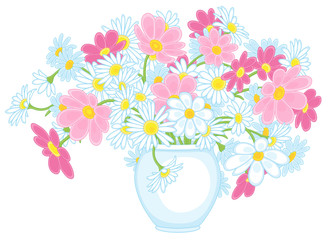 Colorful summer bouquet of beautiful garden flowers in a white vase, vector cartoon illustration isolated on a white background
