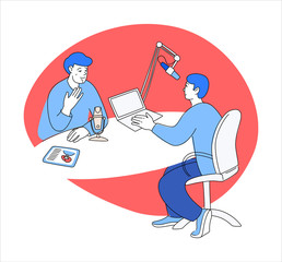 Radio host doodle drawing. Female podcaster speaking to mic microphone