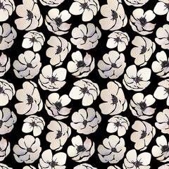 Watercolor seamless pattern with white animone on a black background. Simple black and white print with flowers.

