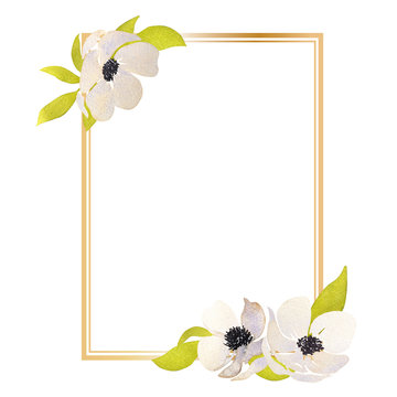 Watercolor hand drawn rectangular frame with animons isolated on a white background. Gold frame with white flowers and leaves for wedding invitations and cards.
