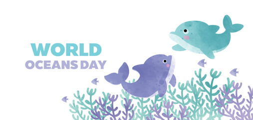 world oceans day banner with cute dolphin in paper cut style. © Nattapohn