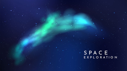 Vector realistic illustration. Night cosmic sky. Wallpaper. Nebula in space. Template for website or game. Abstract banner. Dark starry background. Milky Way. Minimalistic style. Copy space for text © VVadi4ka