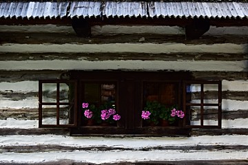 Casa de madera tradicional con geranios en la ventana