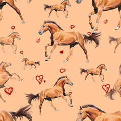 Seamless pattern photo red horse with hearts on beige background creative illustration.