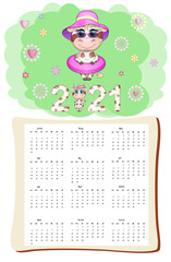 White ox calendar or planner for 2021 with cartoon bull, new year symbol, cover and 12 monthly pages