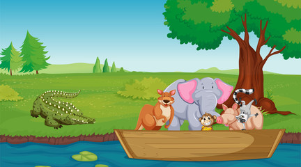 Obraz premium Animals in boat crossing the river 