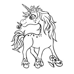 Cute magical unicorn. Vector design isolated on white background. Coloring picture.
