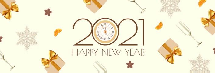 Happy New 2021 Year poster template with text, champagne glasses and gift boxes. Festive header design. Christmas flyer template.