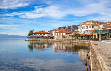 Ohrid old town with lake reflection