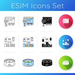 Urban structure icons set. School bus stop with sign. Mobile network coverage. Round stadium for sport match. Internet of things. Linear, black and RGB color styles. Isolated vector illustrations