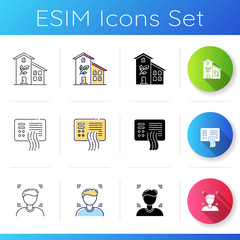 Sustainable development icons set. Green building. City infrastructure. Face recognition. Biometric authority control. Linear, black and RGB color styles. Isolated vector illustrations