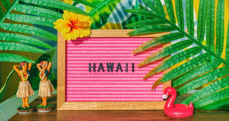 Hawaii travel retro sign with hula dancing dolls pink flamingo toy float and plastic palm tree leaves for kitsch board. Hawaiian vacation summer holidays background. - obrazy, fototapety, plakaty