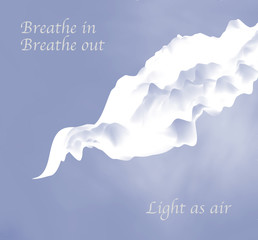 Light cloud in foggy air. Futuristic concept with wavy fabric. Pastel gradient background. Weightless transparent white cloth fluttering in the wind. Abstract blue, purple blurred backdrop copy space