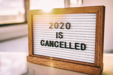 COVID-19 Coronavirus Quote 2020 IS CANCELLED written on white felt letter board sign. Funny message...