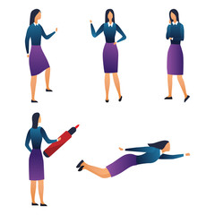 Creativity, Presentation, Working, Big Idea And Teamwork. Collection of Businesswoman In Different Poses. Set Of Scenes With Female Character in Various Situations. Cartoon Flat Vector Illustration