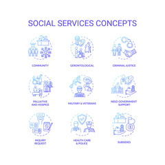 Social services concept icons set. Criminal justice. People medical and financial support organizations idea thin line RGB color illustrations. Vector isolated outline drawings