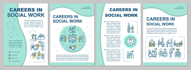 Social worker brochure template. Employment for people. Flyer, booklet, leaflet print, cover design with linear icons. Vector layouts for magazines, annual reports, advertising posters
