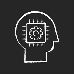 Cybernetics chalk white icon on black background. Futuristic science, innovative technology. Artificial intelligence, neural networks. Head with microchip Isolated vector chalkboard illustration