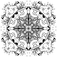 Vector illustration of a mandala. Doodle, black and white Christmas and New Year. Winter holidays. Pattern for decoration. Coloring. Antistress. Unique hand-drawn pattern.