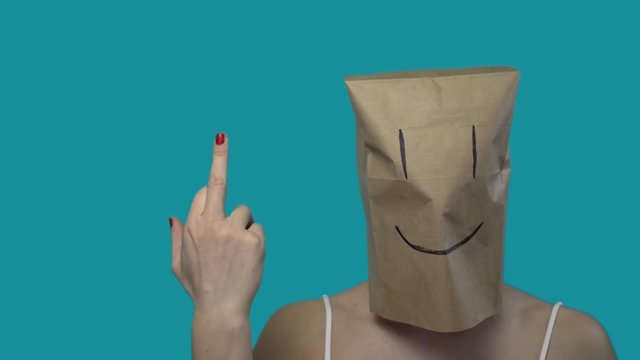 Gestures. With smile, man waves goodbye and shows at that fack. Drawn on the box