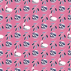 Seamless folk art floral vector pattern with ducks and branches,  for decoration, print textile, fabric, stationery