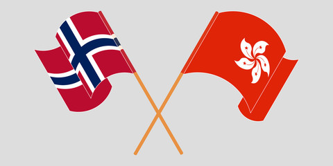 Crossed and waving flags of Hong Kong and Norway