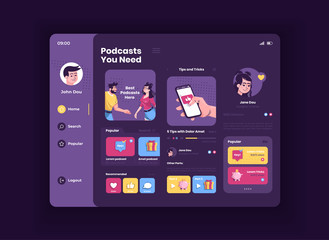Popular podcasts tablet interface vector template. Mobile app page night mode design layout. Profile screen. Flat UI for application. Content updates and recommendations on portable device display