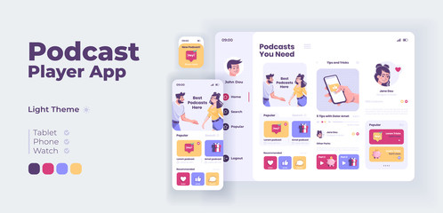 Podcasts player app screen vector adaptive design template. Blogging application day mode interface with flat characters. Multimedia content streaming smartphone, tablet, smart watch cartoon UI