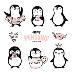 Fototapeta premium Doodle penguins, hand drawn set of funny animals. Vector Penguin character in sketch style.