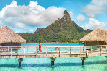 Luxury paradise honeymoon destination travel Bora Bora island overwater bungalows hotel vacation in...