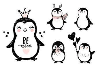 Doodle penguins, hand drawn set of funny animals. Vector Penguin character in sketch style.