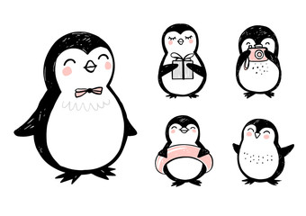 Doodle penguins, hand drawn set of funny animals. Vector Penguin character in sketch style.