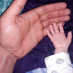 Obraz premium يد طفل حديث الولادة مع يد ابيه