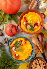 
two-plate pumpkin soup in a beautiful composition