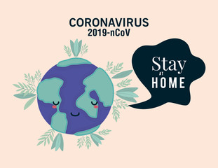 Coronavirus 2019 nCov stay at home and kawaii world cartoon vector design