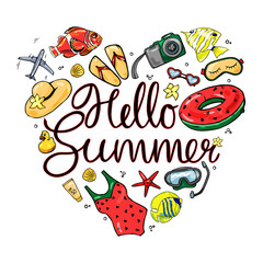 Colorful summer set on a white isolated background. Hello summer. Vector.