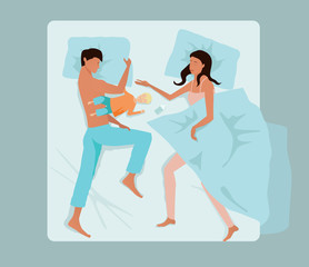 Happy young family, mom, dad and their son, a small toddler 2 years old are sleeping together on a large bed. A small child is napping with parents. Mother in pajamas took the whole blanket. top view