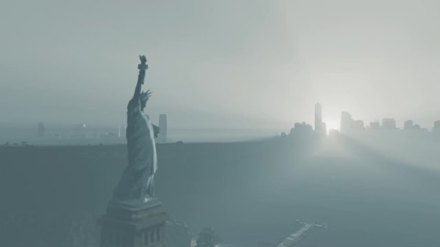 Statue of Liberty and skyline of New York City, Manhattan island, New York City, USA, minimal animation of skyscrapers at foggy morning with title, aerial view. 