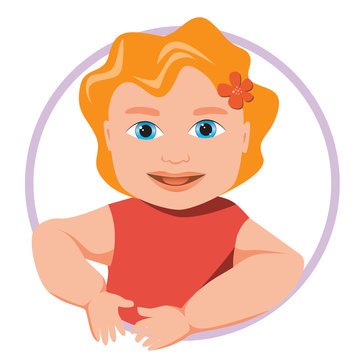 Red-haired baby smiling on a circle background, cartoon stock vector illustration with character girl isolated on a white background